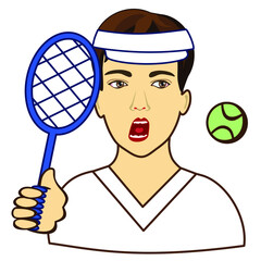 emoji with man tennis player holding a racket in his hand and wearing a cap, guy prepared to strike back, simplistic facial expression