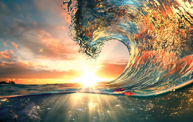 Ocean Wave sunset sea surfing background - obrazy, fototapety, plakaty