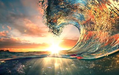 Rolgordijnen Ocean Wave zonsondergang zee surfen achtergrond © willyam