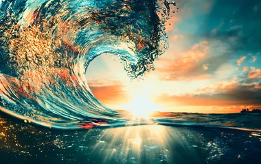 Tuinposter Ocean Wave zonsondergang zee surfen achtergrond © willyam