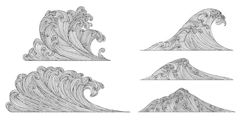 Line art design of waves, mountain, modern hand-drawn vector background, black ink pattern, isolated on white. Minimalist Asian style.
