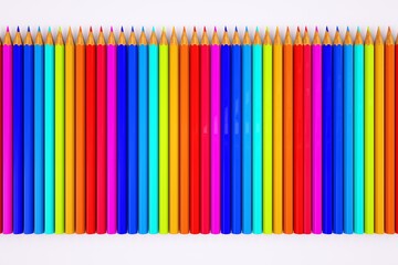 Lots of colored pencils. 3D graphics, pencil illustration. Set of colored pencils in white background