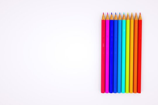 3D graphics. Image of colored pencils. Set of colored pencils in white background. Sharp pencil lead. Close-up.