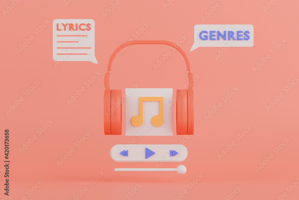 Poster 3d rendering concept music application with headphone and music player on pink background.