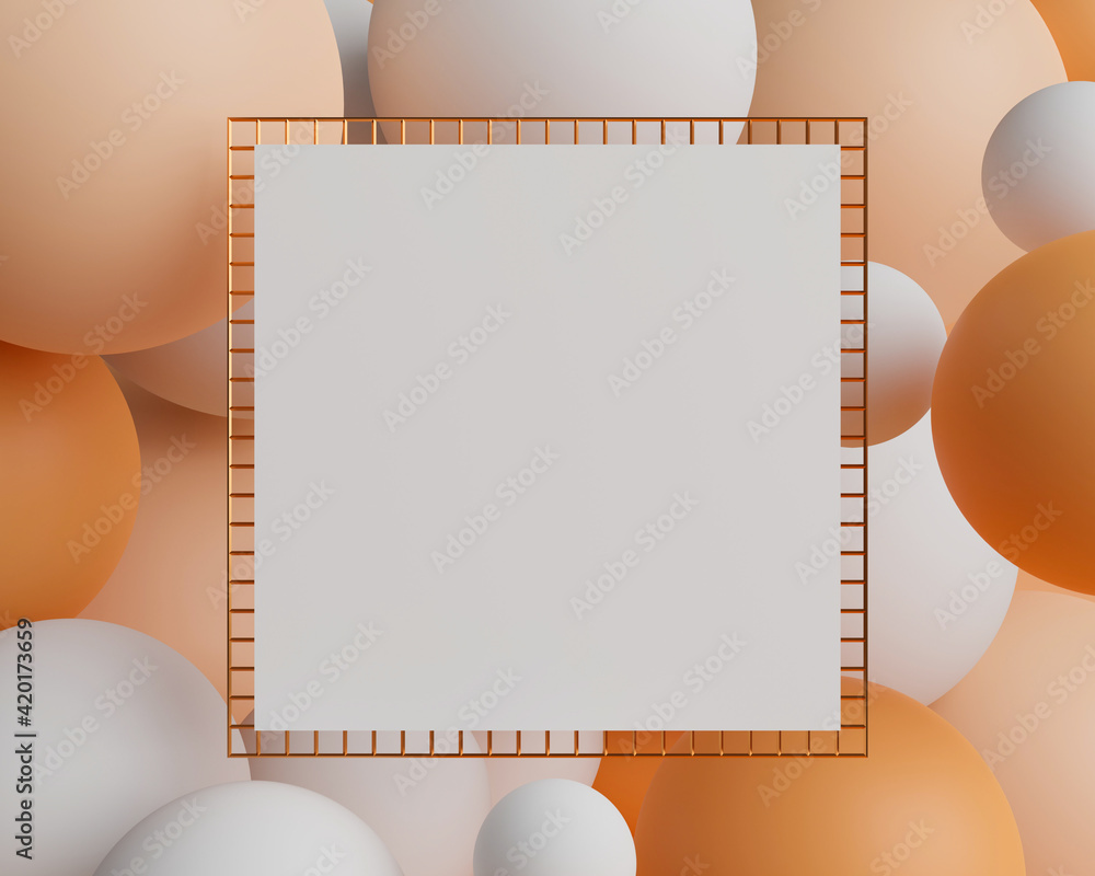Poster 3d rendering blank canvas on spheres background.