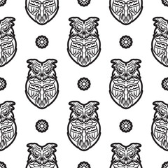 Black-white Seamless pattern of owls in boho style. Good for backgrounds and prints. Vector illustration.