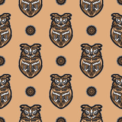 Owls seamless pattern in boho style. Good for clothing and textiles. Vector