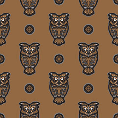 Owls seamless pattern in boho style. Good for backgrounds, prints, apparel and textiles. Vector