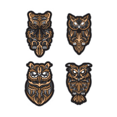 Set of owls in boho style. Good for backgrounds, prints, apparel and textiles. Vector