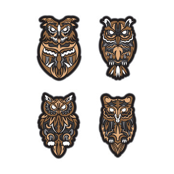 Set of owls in boho style. Good for backgrounds, prints, apparel and textiles. Vector illustration.