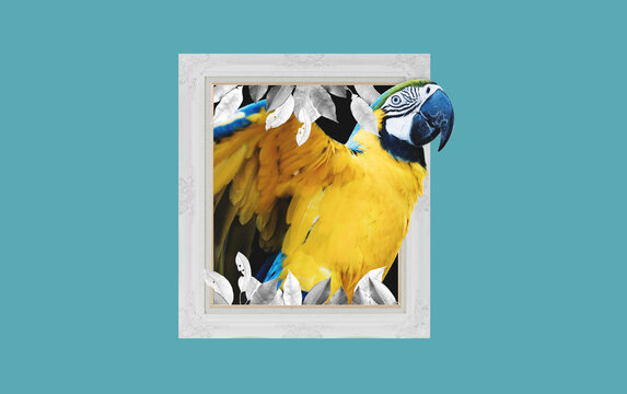Digital collage 3D modern art, Yellow Macaw parrot, with picture frame