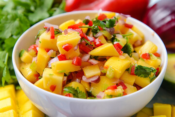 Bowl with fresh mango salsa, closeup