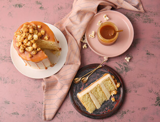 Composition with tasty cake on color background