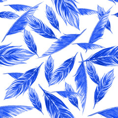 Seamless pattern. Blue watercolor bird feathers. Hand drawn Illustrations isolated on white background. - 420176489
