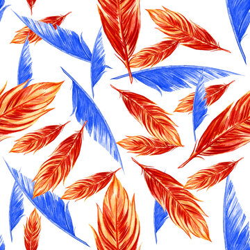 Seamless pattern. Orange and blue watercolor bird feathers. Hand drawn Illustrations isolated on white background.