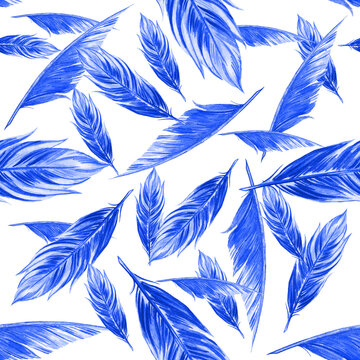Seamless pattern. Blue watercolor bird feathers. Hand drawn Illustrations isolated on white background.