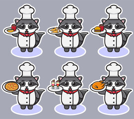 Vector illustration of cute Raccoon Chef cartoon with food. Cute Raccoon expression character design bundle. Good for icon, logo, label, sticker, clipart.