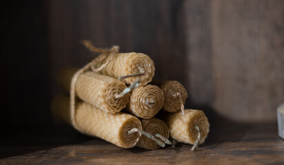 unusual decor and interior items, there is a bunch of interesting handmade candles, a background made of wood.