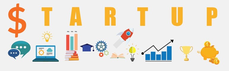 Vector creative illustration of business startup word lettering typography with line icons, tag cloud on white background. Startup technology concept. Thin line art style design for business startup
