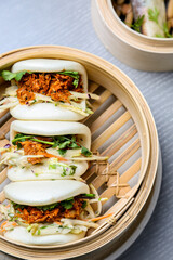 Restaurant Vegan Bao made with Jackfruit. Healthy and delicious food