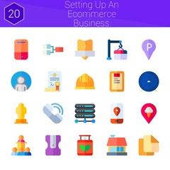 setting up an ecommerce business icon set. 20 flat icons on theme setting up an ecommerce business. collection of parking, server, eraser, conference, mobile, certificate, competition