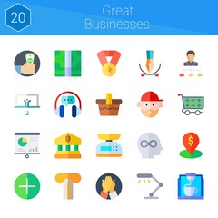 great businesses icon set. 20 flat icons on theme great businesses. collection of add, handshake, basket, boss, headset, penalty, scale, avatar, 3d printer, cart, presentation