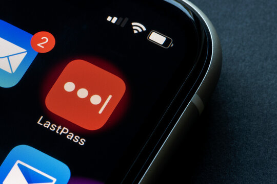 Portland, OR, USA - Mar 12, 2021: LastPass mobile app icon is seen on an iPhone. LastPass is a freemium password manager that stores encrypted passwords online.