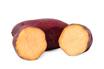 raw sweet potato with sliced on white background