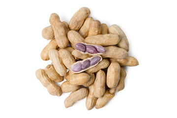 Boiled fresh organic beans or peanut with peel on white background.