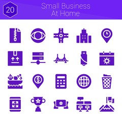 small business at home icon set. 20 filled icons on theme small business at home. collection of Building, Trophy, Placeholder, Bank, Server, Banner, Cash register, Calendar