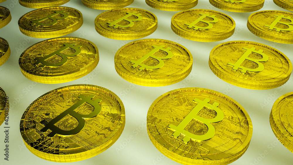 Poster three dimensional coin bitcoin symbol. cryptocurrency concept. gold coin with a textured surface. 3d