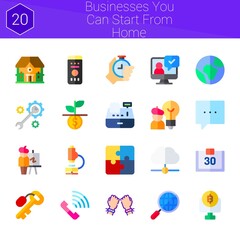 businesses you can start from home icon set. 20 flat icons on theme businesses you can start from home. collection of calendar, testimonial, easel, remote control, idea