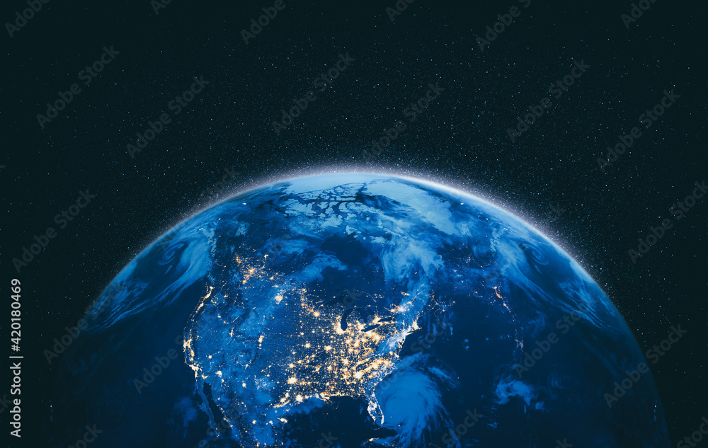 Poster planet earth globe view from space showing realistic earth surface and world map as in outer space p