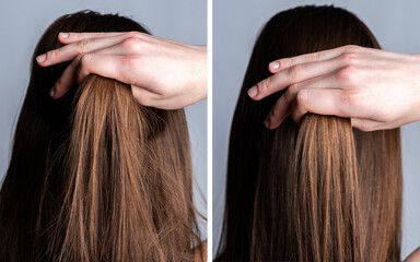 Before and after straightening hair of woman. Sick, cut and healthy hair care straightening. Before...