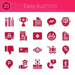 easy business icon set. 20 filled icons on theme easy business. collection of Placeholder, Call, Trophy, Paperclip, Fingerprint, Welder, Parking, Luggage, House, Messenger