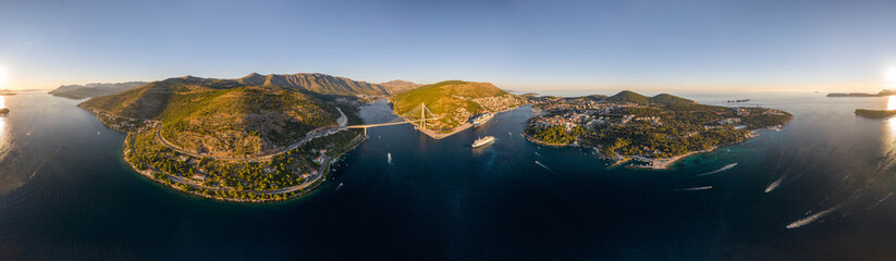 Aerial 360 panorama photo of Dubrovnik bridge Lapad peninsula in Adriatic sea in Croatia summer sunset