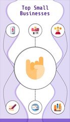 top small businesses editable infographic template with icons of maloik, sketching, pet shop, signature, mobile, reputation, statistics