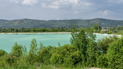 cyan-colored water in ash ponds of Nazarovo power station (Krasnoyarsk Krai, Russia)