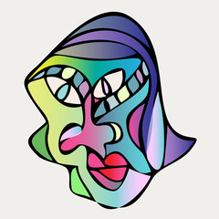 Abstract design of surreal face portrait. Hand-drawn face with a hint of cubism in funky colors. Concept art can be used for fashion, beauty treatment, health, and mental wellbeing.