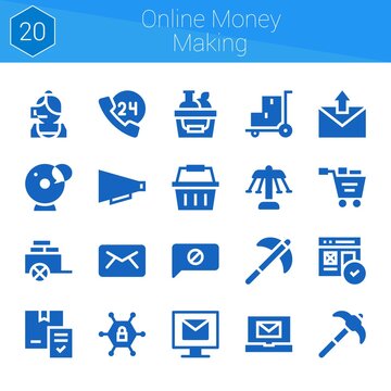 Online Money Making Icon Set. 20 Filled Icons On Theme Online Money Making. Collection Of Email, Pick, 24h, Carousel, Trolley, Shopping Cart, Cam, Call Center, Web, Vpn