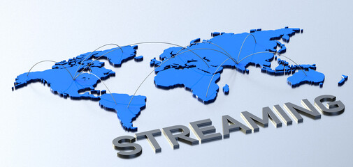 Metallic word streaming with blue connecting world map. 3d illustration.