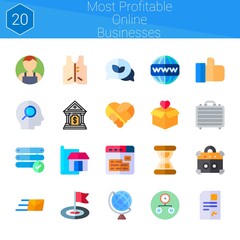 most profitable online businesses icon set. 20 flat icons on theme most profitable online businesses. collection of server, handshake, flag, package, like, briefcase, hierarchy