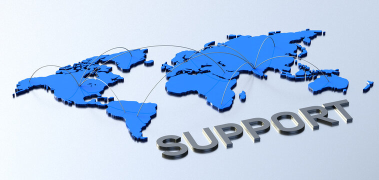 Metallic word support with blue connecting world map. 3d illustration.