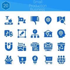 small production business icon set. 20 filled icons on theme small production business. collection of Mechanical arm, Email, Red cross, Friends, Shopping cart, Html, Truck