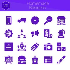 homemade business icon set. 20 filled icons on theme homemade business. collection of Saw, Connection, Website, Bag, Delivery truck, Pendrive, Analytics, Domino, Learning