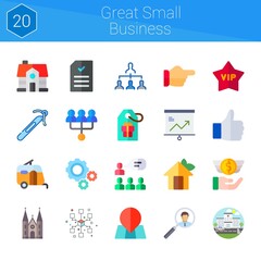 great small business icon set. 20 flat icons on theme great small business. collection of settings, like, church, document, crochet, networking, house, point, presentation, caravan