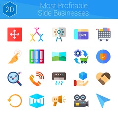 most profitable side businesses icon set. 20 flat icons on theme most profitable side businesses. collection of cursor, rotate, deal, move, video camera, 3d printer, analysis