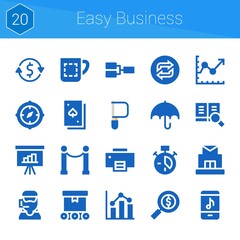 easy business icon set. 20 filled icons on theme easy business. collection of Competition, Loop, Line chart, Post office, Saw, Deck, Presentation, Printer, Clock, Conveyor