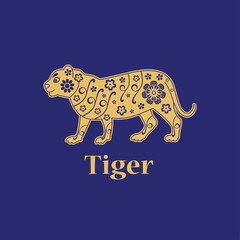 Tiger. Chinese horoscope 2022 year. Floral golden ornament. Animal symbol