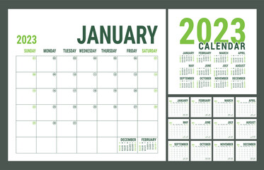 Planner 2023 year. English calendar template. Vector square grid. Office business planning. Creative design. Green color